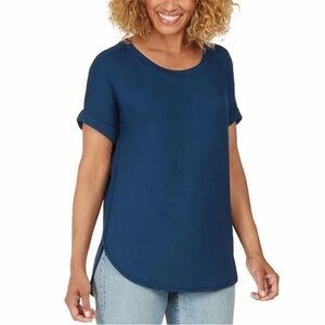 Matty M Top Medium French Terry Tee Dark Blue Marine Short Sleeve Roll Cuff Cozy